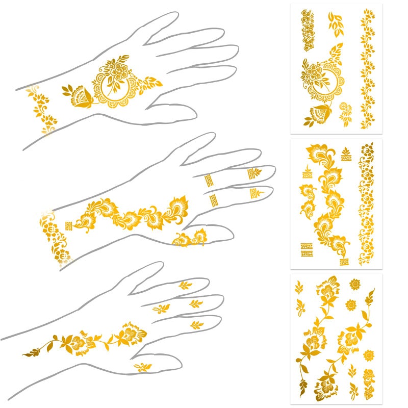 Roarhowl Metallic Gold Temporary Tattoostattoos for women and Girls, gold glitter tattoos,Floral Style Body Art Stickers, 8 Large Sheets tattoos for women Girls (Colorful gold glitter-1) - Image 3